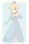  1girl blonde_hair blue_background blue_dress brooch chocomiru closed_mouth crown dress earrings full_body hair_over_one_eye jewelry long_hair looking_at_viewer one_eye_covered rosalina smile solo star_(symbol) super_mario_bros. super_mario_galaxy super_mario_galaxy_2 super_smash_bros. tiara white_background 