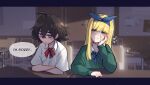  2girls absurdres ahoge bangs blind_girl_(popopoka) blonde_girl_(popopoka) blonde_hair blue_bow blue_bowtie blue_hairband blurry blurry_background blush body_freckles bow bowtie brown_hair chair classroom collared_shirt commentary english_commentary english_text eyebrows_visible_through_hair freckles frown green_sweater grin hair_between_eyes hairband hand_on_own_cheek hand_on_own_face highres indoors long_hair long_sleeves multiple_girls musical_note original popopoka red_bow red_bowtie sad shirt short_sleeves smile speech_bubble sweater table teeth white_shirt 