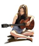  1girl absurdres barefoot black_shirt blue_eyes brown_eyes grey_shorts guitar half-closed_eyes highres indian_style instrument looking_down minj_kim music original photo-referenced playing_instrument shirt shorts sitting sleeveless sleeveless_shirt soles solo white_background 