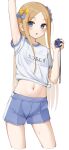  1girl abigail_williams_(fate) absurdres arm_up blue_eyes blush bow commentary_request cowboy_shot fate/grand_order fate_(series) forehead gym_shirt gym_uniform hair_bow highres kopaka_(karda_nui) long_hair name_tag navel orange_bow shirt short_sleeves shorts simple_background solo white_background white_shirt 