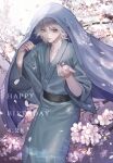  1boy alternate_costume artist_name bangs belt black_belt blanket cherry_blossoms collarbone danganronpa_(series) danganronpa_2:_goodbye_despair dated flower gradient gradient_background grey_background grey_hair hair_between_eyes happy_birthday highres japanese_clothes kimono komaeda_nagito light looking_at_viewer male_focus pale_skin petals smile solo white_background z-epto_(chat-noir86) 