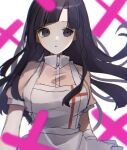  1girl apron bandaged_arm bandages bangs black_eyes black_hair breasts collared_shirt danganronpa_(series) danganronpa_2:_goodbye_despair gradient gradient_background grey_apron grey_background highres large_breasts long_hair mdr_(mdrmdr1003) parted_lips pink_shirt shiny shiny_hair shirt solo tearing_up teeth tsumiki_mikan upper_body 