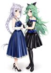  2girls absurdres alternate_costume bangs black_dress black_footwear black_gloves black_ribbon blue_dress blue_eyes braid breasts dress elbow_gloves gloves green_eyes green_hair hair_between_eyes hair_flaps hair_ornament hair_ribbon hairclip high_heels highres holding_hands kantai_collection long_hair medium_breasts minase_(takaoka_nanase) multiple_girls parted_bangs ponytail ribbon sidelocks silver_hair single_braid sleeveless sleeveless_dress standing twin_braids umikaze_(kancolle) umikaze_kai_ni_(kancolle) very_long_hair white_gloves yamakaze_(kancolle) yamakaze_kai_ni_(kancolle) 