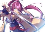  1girl animal_ears blue_eyes head_wings highres long_hair long_sleeves mate_(oktavia1121) open_mouth pink_hair ponytail solo sword tagme touka_(utawarerumono) utawarerumono utawarerumono:_itsuwari_no_kamen very_long_hair weapon 