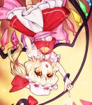  1girl :o ascot bangs blonde_hair bow collared_dress commentary crystal dress feet_out_of_frame flandre_scarlet frilled_dress frills gradient gradient_background hat hat_ribbon highres holding laevatein_(touhou) layered_clothing looking_afar medium_hair mob_cap one_side_up open_mouth orange_eyes orusuta961 pink_bow red_ribbon red_skirt red_vest ribbon signature simple_background skirt slit_pupils solo touhou upside-down vest waist_bow white_dress white_headwear wings yellow_ascot 