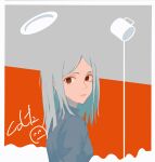  1girl absurdres blending brown_eyes closed_mouth coffee_mug commentary_request cup grey_background grey_hair grey_shirt highres long_hair looking_at_viewer mug nicporim orange_background original plate pouring shirt signature solo two-tone_background upper_body 