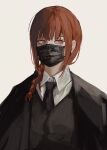  1girl bangs black_coat black_mask black_necktie braid braided_ponytail chainsaw_man coat collared_shirt highres jacket looking_to_the_side makima_(chainsaw_man) mask mouth_mask necktie null_(skev7724) red_eyes redhead ringed_eyes shirt sidelocks simple_background solo white_background 