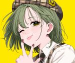  1girl ;p beret green_eyes green_hair hat highres idolmaster idolmaster_shiny_colors looking_at_viewer looking_down maou_(demonlord) nail_polish nanakusa_nichika necktie one_eye_closed short_hair simple_background solo tongue tongue_out w yellow_background 