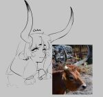  1girl animal_ears bangs bell blunt_bangs cow_ears cow_girl cow_horns ear_tag english_commentary grey_background highres horns long_hair looking_at_viewer original personification photo-referenced photo_inset reference_inset simple_background sketch smile solo ushijidraws 