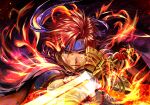  absurdres binding_blade_(weapon) black_background cape closed_mouth fingerless_gloves fire fire_emblem fire_emblem:_the_binding_blade flaming_sword flaming_weapon gloves headband highres holding holding_sword holding_weapon looking_at_viewer male_focus mihilleness redhead roy_(fire_emblem) solo sword upper_body weapon 
