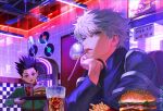  2boys black_hair blackbox_(blackbox9158) blue_eyes blue_shirt brown_eyes burger cafe cd ceiling_fan drinking_straw food french_fries from_below gon_freecss green_jacket head_rest holding holding_tray hunter_x_hunter jacket killua_zoldyck long_sleeves looking_at_another looking_at_viewer mouth_hold multiple_boys open_mouth reflection shirt short_hair sitting soda spiky_hair sweatdrop teeth tray turtleneck upper_body upper_teeth white_hair 