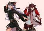  2girls bangs blue_hair bodysuit braid brown_hair cardipeemf commission cosplay costume_switch crossover genshin_impact grin highres honkai_(series) honkai_impact_3rd hu_tao_(genshin_impact) hu_tao_(genshin_impact)_(cosplay) kiana_kaslana kiana_kaslana_(white_comet) kiana_kaslana_(white_comet)_(cosplay) kugimiya_rie long_hair long_sleeves mihoyo_technology_(shanghai)_co._ltd. multiple_girls one_eye_closed open_mouth pink_background pointing pointing_at_viewer red_eyes simple_background smile teeth tongue tongue_out twin_braids voice_actor_connection white_bodysuit white_hair 