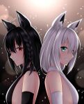  2girls absurdres ahoge animal_ear_fluff animal_ears bangs bare_shoulders black_dress black_gloves black_hair blush braid breasts dress elbow_gloves english_commentary eyebrows_visible_through_hair fox_ears fox_girl gloves green_eyes grin hair_between_eyes halter_dress halterneck highres hololive kurokami_fubuki light_particles looking_at_viewer looking_to_the_side multiple_girls popcornflakes red_eyes shirakami_fubuki short_hair sideboob sidelocks single_braid small_breasts smile virtual_youtuber white_dress white_gloves white_hair 