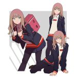  1girl absurdres bangs black_jacket black_legwear blazer breasts brown_hair green_eyes gridman_universe highres jacket long_hair long_sleeves looking_at_viewer minami_yume multiple_views pantyhose psylduck school_uniform skirt smile ssss.dynazenon 