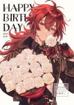  1boy antenna_hair bangs birthday black_jacket blue_flower blush bouquet closed_mouth commentary_request diluc_(genshin_impact) flower genshin_impact gezyoooon hair_between_eyes happy_birthday highres holding holding_flower jacket long_hair long_sleeves looking_at_viewer male_focus red_eyes redhead rose shirt simple_background smile solo two-tone_gloves upper_body white_background white_flower white_rose 