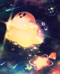 absurdres clouds comet flying gooey_(kirby) highres kirby kirby_(series) kirby_super_star_ultra looking_up moon open_mouth pop_star sky space sparkle star_(sky) star_(symbol) starry_sky sun suyasuyabi 