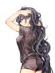  1girl ass black_hair brown_shirt brown_shorts cowboy_shot from_behind komota_(kanyou_shoujo) long_hair looking_at_viewer looking_back original parted_lips red_eyes shirt shorts simple_background solo tying_hair very_long_hair wet white_background 