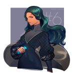  1girl almedha black_hair breasts closed_mouth colored_skin facial_mark fire_emblem fire_emblem:_radiant_dawn highres holding large_breasts long_hair looking_at_viewer orange_skin red_eyes silvercandy_gum turtleneck upper_body 