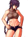  1girl abs bare_arms bare_shoulders braid breasts closed_mouth contrapposto grey_shirt komota_(kanyou_shoujo) large_breasts long_hair looking_at_viewer navel original purple_hair purple_shorts shirt short_shorts shorts simple_background solo very_long_hair white_background yellow_eyes 