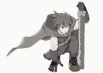  1boy boku_no_hero_academia boots cape commentary_request freckles gloves greyscale hand_on_ground highres holding holding_sword holding_weapon kuwanosisyamo long_sleeves looking_at_viewer male_focus medieval midoriya_izuku monochrome official_alternate_costume one_knee open_mouth pants shirt short_hair simple_background solo sword weapon white_background 