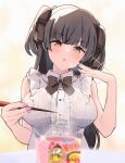  1girl a01macaron absurdres black_hair blurry blurry_foreground blush bow bowtie breasts chopsticks depth_of_field eating fire_noodle food hand_fan heart heart-shaped_pupils highres holding holding_chopsticks idolmaster idolmaster_shiny_colors looking_at_object mayuzumi_fuyuko medium_breasts nail_polish noodles shirt simple_background sleeveless sleeveless_shirt solo sweatdrop symbol-shaped_pupils two_side_up upper_body white_background 