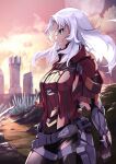  1girl absurdres blue_eyes breasts cityscape cowboy_shot dark-skinned_female dark_skin dusk elma_(xenoblade_x) highres long_hair moon outdoors risumi_(taka-fallcherryblossom) solo tower white_hair xenoblade_chronicles_(series) xenoblade_chronicles_x 