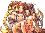  3girls :d animal_hands black_hair black_sclera braid breasts closed_mouth colored_sclera earrings girl_sandwich green_eyes head_wreath horns hug jewelry komota_(kanyou_shoujo) long_hair looking_at_viewer monster_girl multiple_girls necklace original ponytail red_eyes redhead sandwiched scales short_hair sideboob simple_background single_horn sitting small_breasts smile tail toga very_long_hair white_background wide-eyed wings yellow_eyes 