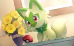  blurry commentary_request fangs flower highres naoki_eguchi no_humans open_mouth poke_ball poke_ball_(basic) pokemon pokemon_(creature) red_eyes smile solo sprigatito tongue vase yellow_flower 
