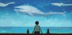  1boy absurdres black_hair blue_sky cat commentary_request from_behind highres horizon male_focus nicporim ocean original scenery shirt short_hair short_sleeves sitting sky solo surreal whale white_shirt 