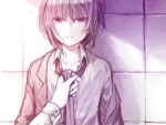  1boy androgynous closed_mouth female_pov jacket jacket_partially_removed komota_(kanyou_shoujo) looking_at_viewer male_focus monochrome necktie necktie_grab neckwear_grab original pov pov_hands shirt solo solo_focus 