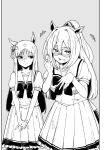  2girls alternate_costume animal_ears collarbone commentary_request dasukasuki_3g el_condor_pasa_(umamusume) false_smile grass_wonder_(umamusume) horse_ears horse_tail looking_at_another looking_at_viewer mask monochrome multiple_girls open_mouth school_uniform shaded_face tail tracen_school_uniform umamusume 