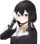 1girl black_hair blue_eyes blush bow cellphone cha_sakura cropped eyebrows_visible_through_hair grey_background hair_between_eyes highres holding holding_phone long_hair looking_at_viewer multicolored_hair original parted_lips phone simple_background solo sweat twintails upper_body white_hair yellow_bow 