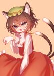 1girl :3 :d animal_ears bangs blush bow bowtie brown_hair cat_ears cat_tail chen dress e_sdss earrings eyebrows_visible_through_hair fang frills from_side green_headwear hair_between_eyes hat highres jewelry long_sleeves looking_at_viewer mob_cap multiple_tails nail_polish nekomata open_mouth red_nails red_skirt shirt short_hair single_earring skirt skirt_set smile solo tail touhou two_tails white_bow white_shirt 