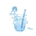  1girl bangs blue_hair blunt_bangs bubble chai_(drawingchisanne) closed_eyes commentary cup dress drinking_glass drinking_straw glass long_bangs nemophila_(flower) original plant sandals signature simple_background solo white_background white_dress white_footwear 