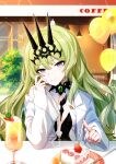  1girl absurdres balloon bangs cake cake_slice cen_(cenll) closed_mouth coat commentary_request crown drinking_straw food fork fruit glass green_eyes green_hair happy_birthday highres honkai_(series) honkai_impact_3rd labcoat long_hair looking_at_viewer mobius_(honkai_impact) orange_juice plate smile solo strawberry wavy_hair white_coat 