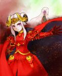  armor breasts cape closed_mouth crown double_bun dress edelgard_von_hresvelg fire_emblem fire_emblem_fates ginger_exa gloves long_hair looking_at_viewer medium_breasts outstretched_arm upper_body violet_eyes white_hair 