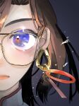  1girl blue_eyes brown_hair closed_mouth collared_shirt earrings eyebrows eyebrows_behind_hair face focused glasses hawao high_collar highres jewelry looking_at_viewer shirt short_hair simple_background solo touhou usami_sumireko white_shirt 