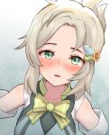  1girl asymmetrical_bangs bangs bare_shoulders blonde_hair blush bow detached_sleeves devonrex green_eyes hair_ornament hairclip highres looking_at_viewer lucy_(rune_factory) open_mouth rune_factory rune_factory_5 solo turtleneck upper_body 