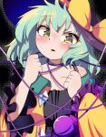  1girl bangs bare_shoulders black_background black_headwear blush bow eyebrows_visible_through_hair green_eyes green_hair hat hat_bow komeiji_koishi looking_at_viewer open_mouth polyhedron2 short_hair solo sweat touhou upper_body yellow_bow 