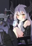  1girl ahoge armrest bangs black_dress blush braid can chair demon_girl demon_horns detached_sleeves dress drink energy_drink eyebrows_visible_through_hair highres holding holding_can holding_drink hololive horns indoors instant_ramen keyboard_(computer) kumoi_sora la+_darknesss long_hair looking_at_viewer looking_to_the_side microphone microphone_stand mouse_(computer) multicolored_hair o-ring on_chair pointy_ears pop_filter purple_hair sidelocks silver_hair sitting solo streaked_hair thighs very_long_hair virtual_youtuber yellow_eyes 