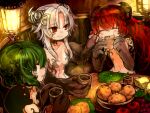  3girls animal_hands apple blue_eyes blush breasts cheese closed_eyes closed_mouth eating food from_side fruit grapes green_hair grey_hair holding komota_(kanyou_shoujo) looking_at_viewer looking_to_the_side multiple_girls original parted_lips red_apple red_eyes sitting small_breasts smile 