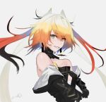  1girl bangs bare_shoulders black_jacket commentary detached_sleeves eyebrows_visible_through_hair green_eyes heterochromia highres jacket long_hair long_sleeves melissa_kinrenka nicporim nijisanji off_shoulder orange_eyes orange_hair parted_lips simple_background smile solo upper_body white_background 