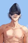  1boy aqua_background artist_name beam_(chainsaw_man) black_hair buff_(arms) chainsaw_man covered_eyes facing_viewer highres nipples null_(skev7724) open_mouth shark sharp_teeth short_hair simple_background solo standing teeth topless_male 