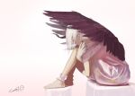  1girl barefoot black_nails closed_mouth commentary dress feathered_wings full_body highres looking_at_viewer nail_polish nicporim original pink_background pink_dress self_hug signature simple_background sitting solo white_eyes white_hair wings 