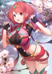  1girl :d absurdres bangs black_gloves blush breasts chest_jewel commentary_request earrings fingerless_gloves gem gloves green322 headpiece highres jewelry large_breasts looking_at_viewer pyra_(xenoblade) red_eyes red_legwear red_shorts redhead short_hair short_shorts shorts smile solo swept_bangs thigh-highs tiara xenoblade_chronicles_(series) xenoblade_chronicles_2 