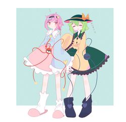  2girls :/ :d absurdres bad_id bad_pixiv_id black_footwear black_hairband black_headwear blouse blue_shirt blush boots bow buttons closed_eyes closed_mouth commentary diamond_button eyebrows_visible_through_hair frilled_shirt_collar frilled_skirt frilled_sleeves frills full_body green_hair green_skirt hair_between_eyes hair_ornament hairband hat hat_bow heart heart_button heart_hair_ornament highres holding_hands komeiji_koishi komeiji_satori long_sleeves looking_at_another multiple_girls open_mouth pink_eyes pink_footwear pink_hair pink_skirt rrmrk shirt short_hair siblings sideways_glance sisters skirt slippers smile socks teeth third_eye touhou translated upper_teeth white_legwear wide_sleeves yellow_bow yellow_shirt 