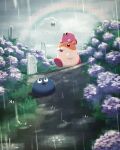  black_eyes character_request clouds cloudy_sky creature day flower gooey_(kirby) grass hamster highres kirby kirby_(series) looking_up open_mouth orange_fur rain rainbow sky suyasuyabi walking water_drop wet white_fur 