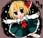  1girl ascot bangs black_dress blonde_hair blush collared_shirt d: darkness dress hair_ribbon long_sleeves looking_at_viewer nokoro open_mouth outstretched_arms red_ascot red_eyes red_ribbon ribbon rumia shirt short_hair solo spread_arms teeth touhou upper_teeth white_shirt 