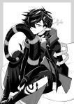  1boy arknights arrow_(symbol) bishounen black_hair corroserum_(arknights) ear_piercing fang hair_over_one_eye highres id_card iwashi_80 lizard_tail male_focus monochrome one_eye_covered piercing pointy_ears reptile_boy short_hair shorts slit_pupils smirk solo tail 