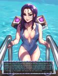  1girl alternate_costume artist_name blushy-pixy breasts collarbone commentary english_text facial_mark glowing groin highres kai&#039;sa large_breasts league_of_legends looking_at_viewer pool purple_hair shiny shiny_hair shoulder_pads smile solo swimsuit water wet wet_hair 